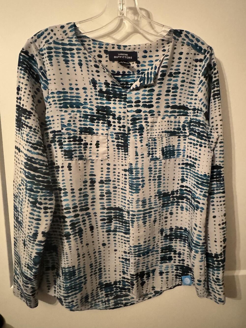 Lands' End Outfitters Blouse Womens 2 Blue Geometric V Neck AT&T Long Sleeve